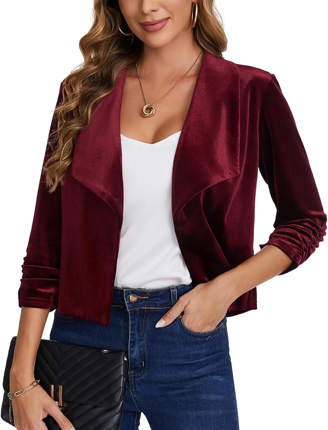 MINTLIMIT Women's Casual Velvet Blazer Jackets 3/4 Ruched Sleeve Shawl Collar Draped Open Front Spring Short Velvet Blazers