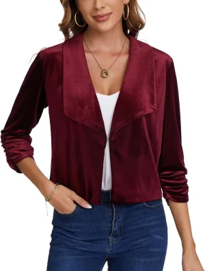 MINTLIMIT Women's Casual Velvet Blazer Jackets 3/4 Ruched Sleeve Shawl Collar Draped Open Front Spring Short Velvet Blazers