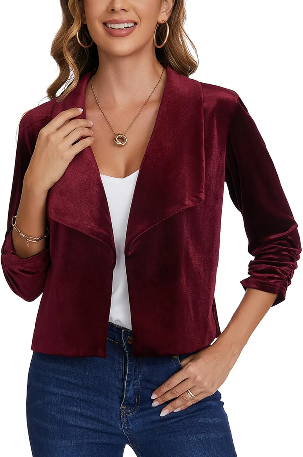 MINTLIMIT Women's Casual Velvet Blazer Jackets 3/4 Ruched Sleeve Shawl Collar Draped Open Front Spring Short Velvet Blazers