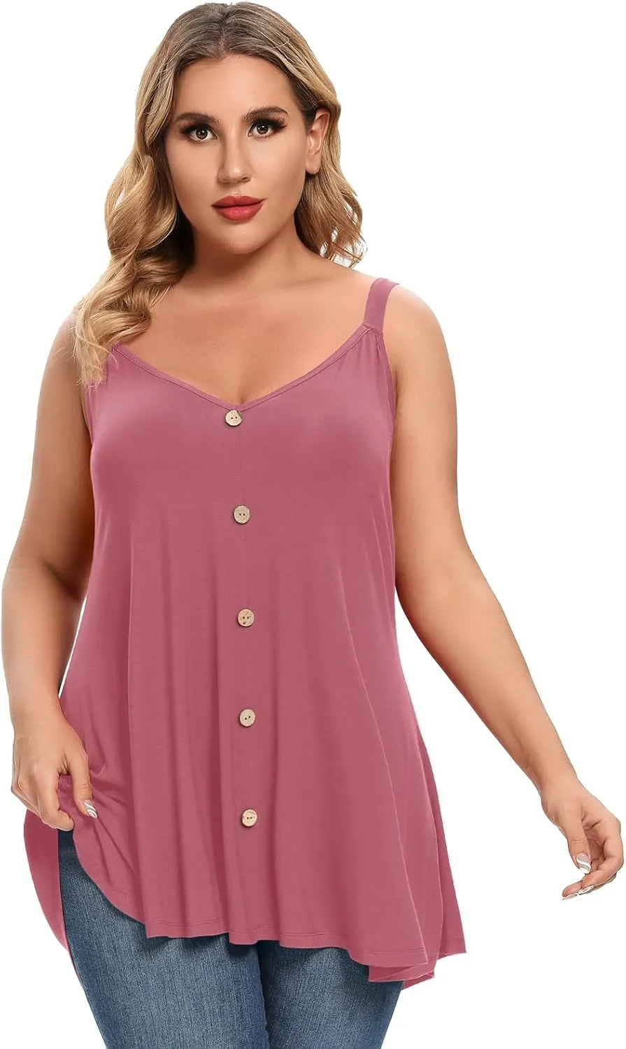 MONNURO Plus Size Camisole V Neck Button Cami Tank Tops Women's Sleeveless T-Shirt Tunics