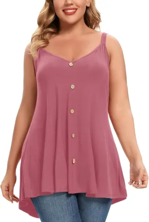 MONNURO Plus Size Camisole V Neck Button Cami Tank Tops Women's Sleeveless T-Shirt Tunics