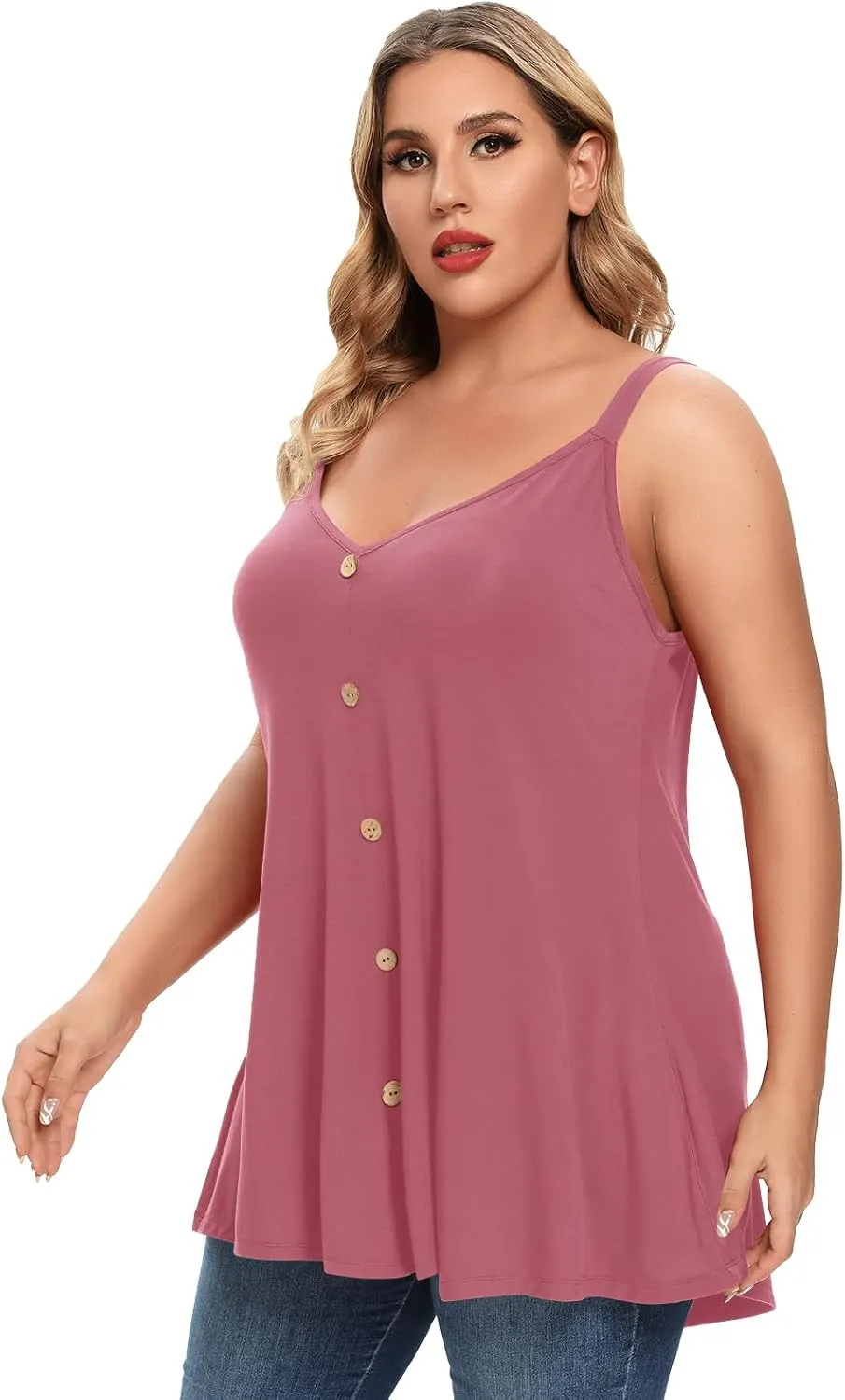 MONNURO Plus Size Camisole V Neck Button Cami Tank Tops Women's Sleeveless T-Shirt Tunics