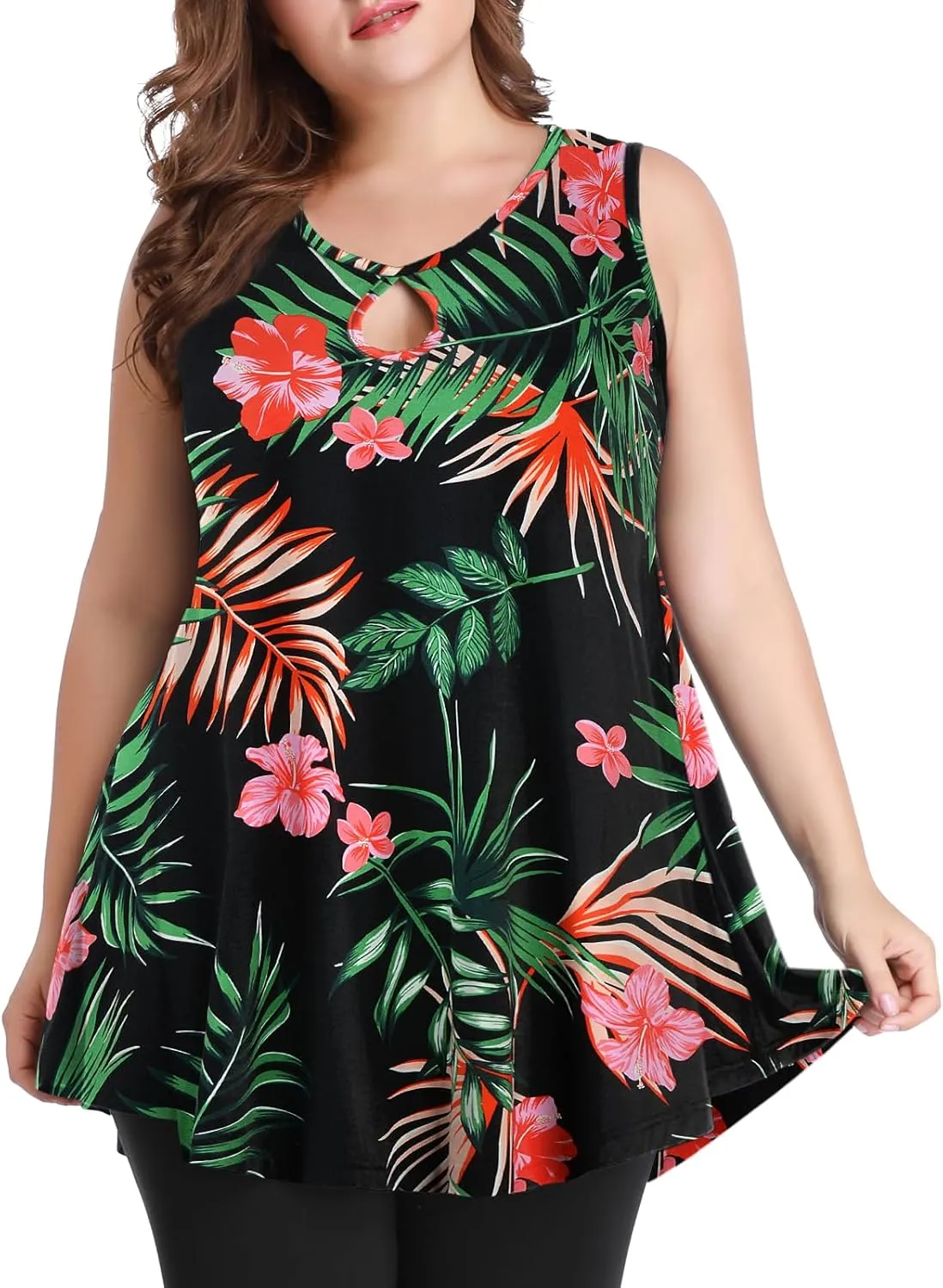 MONNURO Women's Plus Size Sleeveless Keyhole Summer Sexy Shirts Casual Loose Flowy Swing Tunic Tank Tops