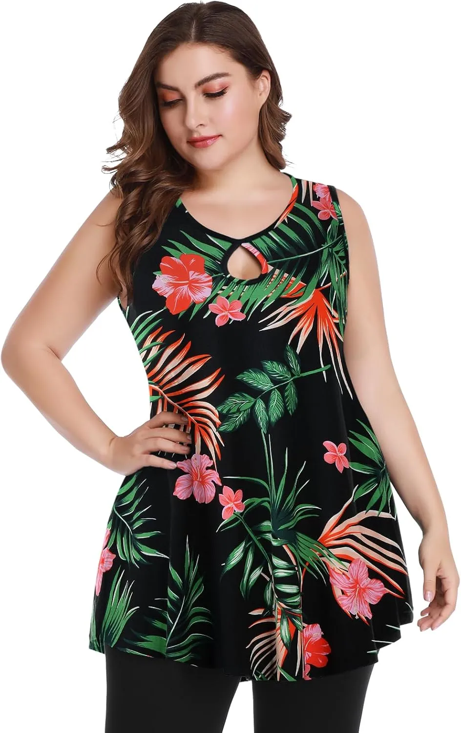 MONNURO Women's Plus Size Sleeveless Keyhole Summer Sexy Shirts Casual Loose Flowy Swing Tunic Tank Tops