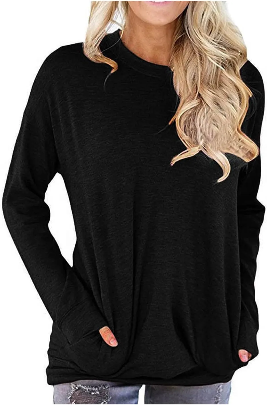 Muyise Womens Casual Long Sleeve Tunic Tops Solid Color Crew Neck Comfy Pullover Sweatshirts Loose Fit Blouses with Pockets
