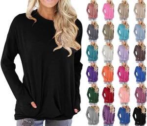 Muyise Womens Casual Long Sleeve Tunic Tops Solid Color Crew Neck Comfy Pullover Sweatshirts Loose Fit Blouses with Pockets