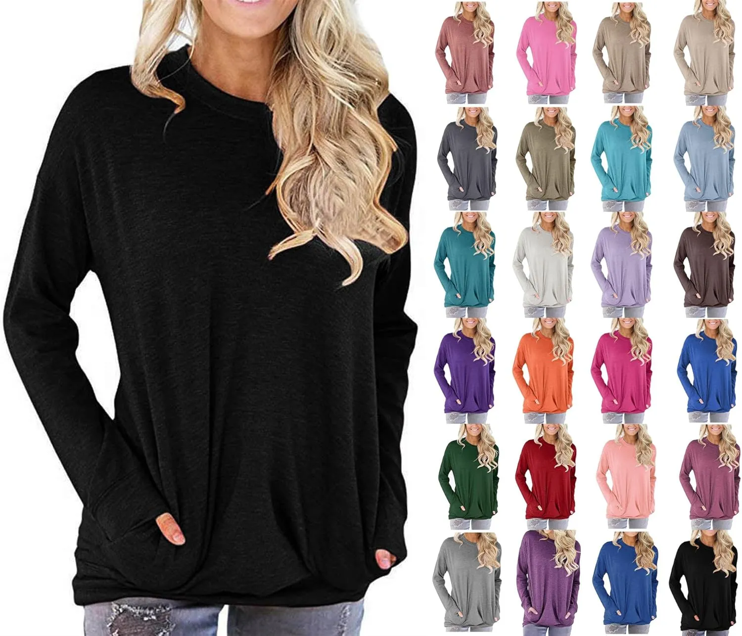 Muyise Womens Casual Long Sleeve Tunic Tops Solid Color Crew Neck Comfy Pullover Sweatshirts Loose Fit Blouses with Pockets