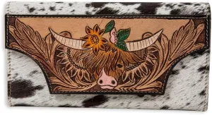 Myra Bag Cowhide Purse - Bloomin Steer Hand-tooled Wallet, Western Highland Cow Design Leather Wallets for Women, Card Holder, Coin Pocket, Cow Hide Purse, Western Gifts