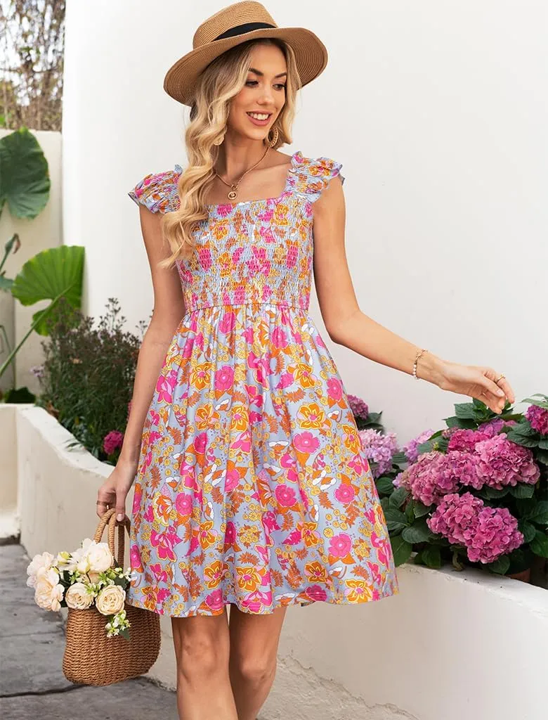 Naggoo Womens Summer Sundresses Sleeveless Square Neck Dress Floral Smocked Dress A-line Boho Beach Dresses