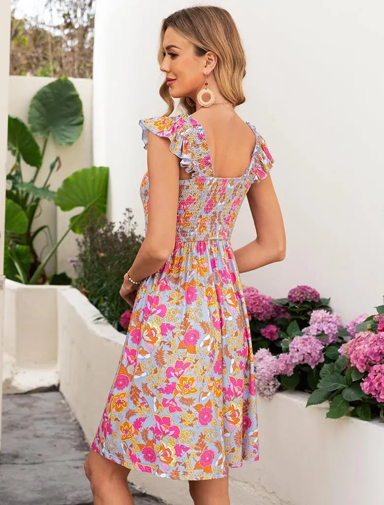 Naggoo Womens Summer Sundresses Sleeveless Square Neck Dress Floral Smocked Dress A-line Boho Beach Dresses