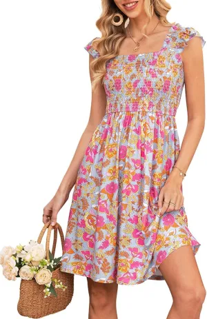 Naggoo Womens Summer Sundresses Sleeveless Square Neck Dress Floral Smocked Dress A-line Boho Beach Dresses