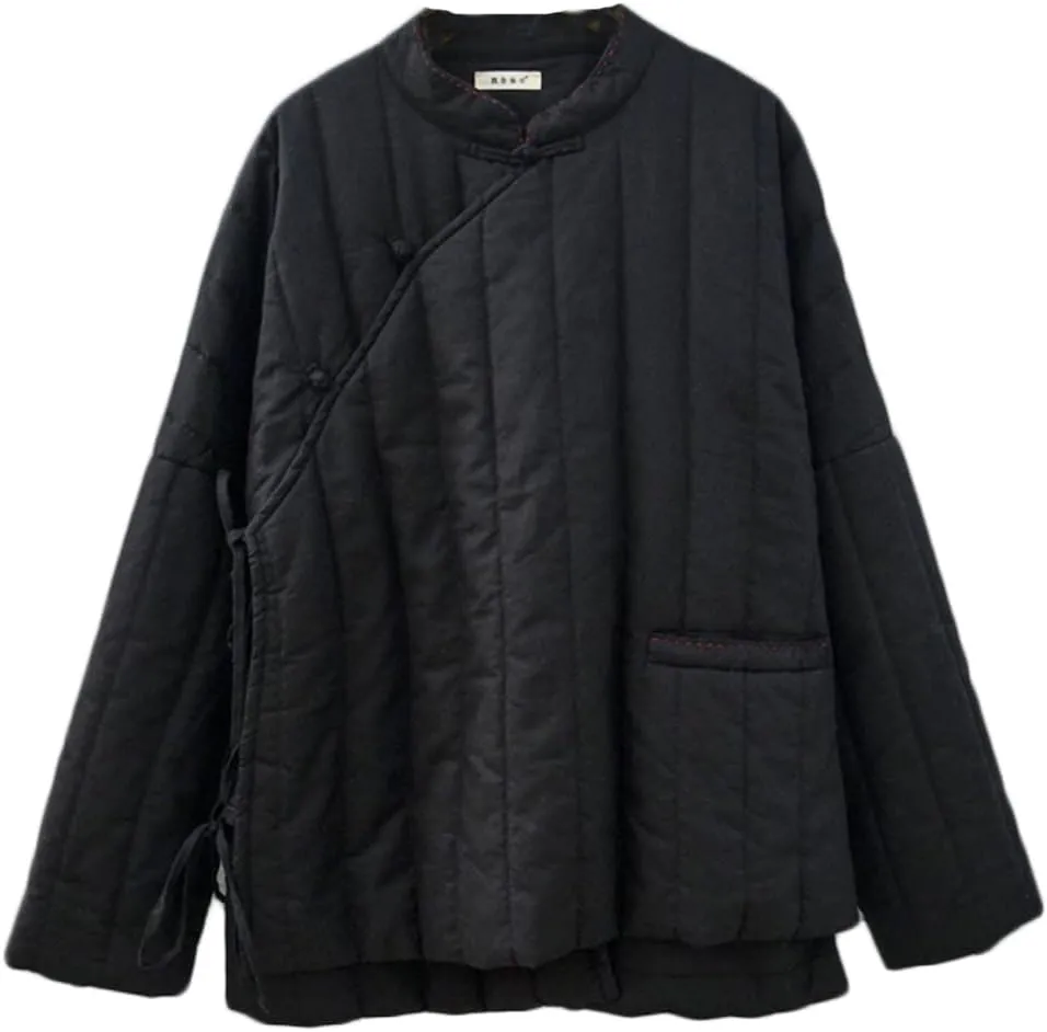 NFYM Women's Warm Thick Linen Jacket Cotton Padded Short Coats Retro Zen Style Irregular Hem Outwear