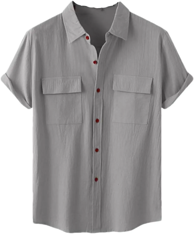 Niiyyjj Double Pocket Cotton Linen Shirt Men Summer Short Sleeve Casual Button Down Shirts Mens