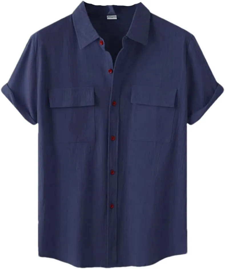 Niiyyjj Double Pocket Cotton Linen Shirt Men Summer Short Sleeve Casual Button Down Shirts Mens