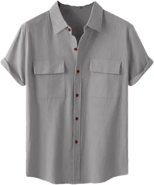 Niiyyjj Double Pocket Cotton Linen Shirt Men Summer Short Sleeve Casual Button Down Shirts Mens