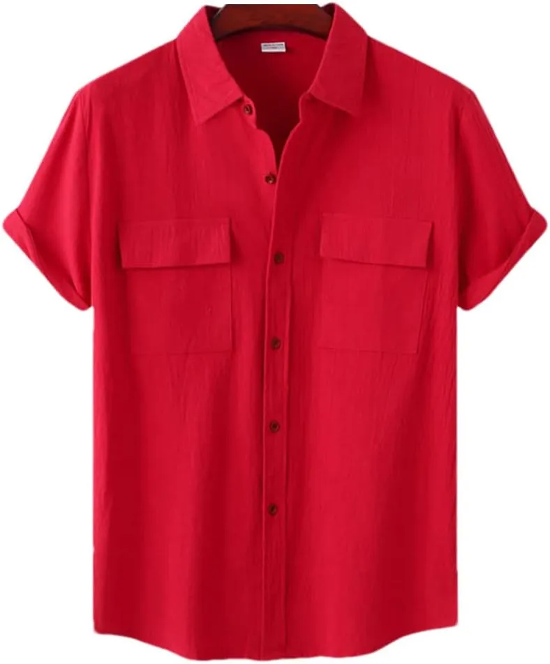Niiyyjj Double Pocket Cotton Linen Shirt Men Summer Short Sleeve Casual Button Down Shirts Mens