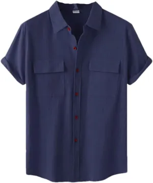 Niiyyjj Double Pocket Cotton Linen Shirt Men Summer Short Sleeve Casual Button Down Shirts Mens