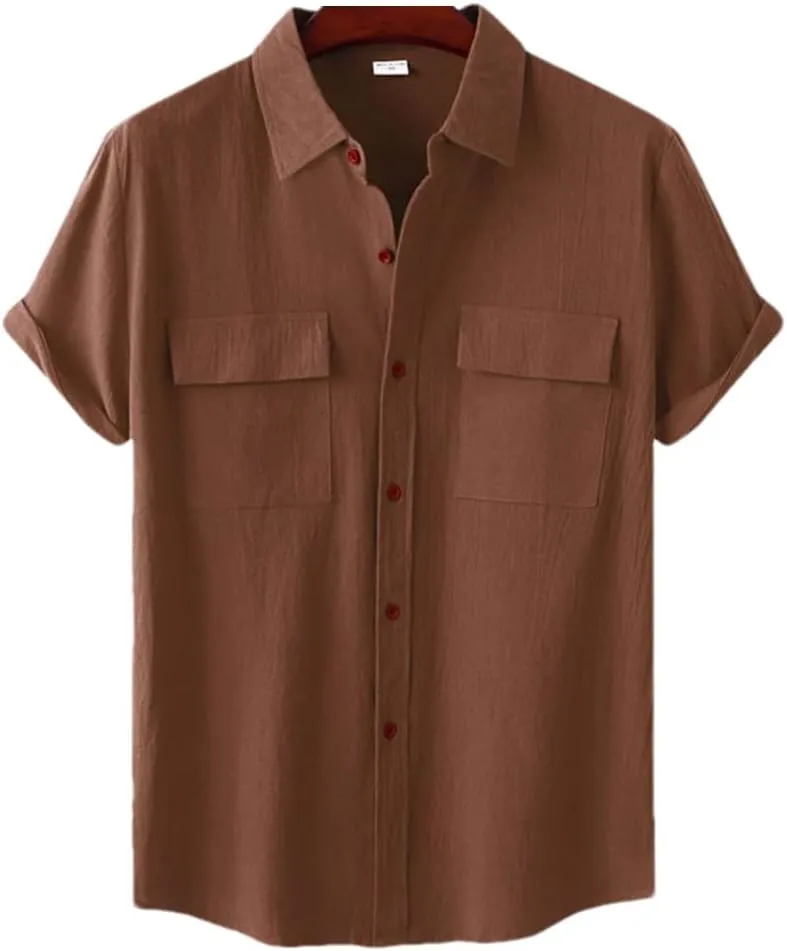 Niiyyjj Double Pocket Cotton Linen Shirt Men Summer Short Sleeve Casual Button Down Shirts Mens