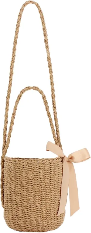 Obosoyo Summer Straw Bucket Bag Handwoven Paper Rope Tote Shoulder Bag Ribbon Bow Handheld Beach Vacation Drawstring Liner