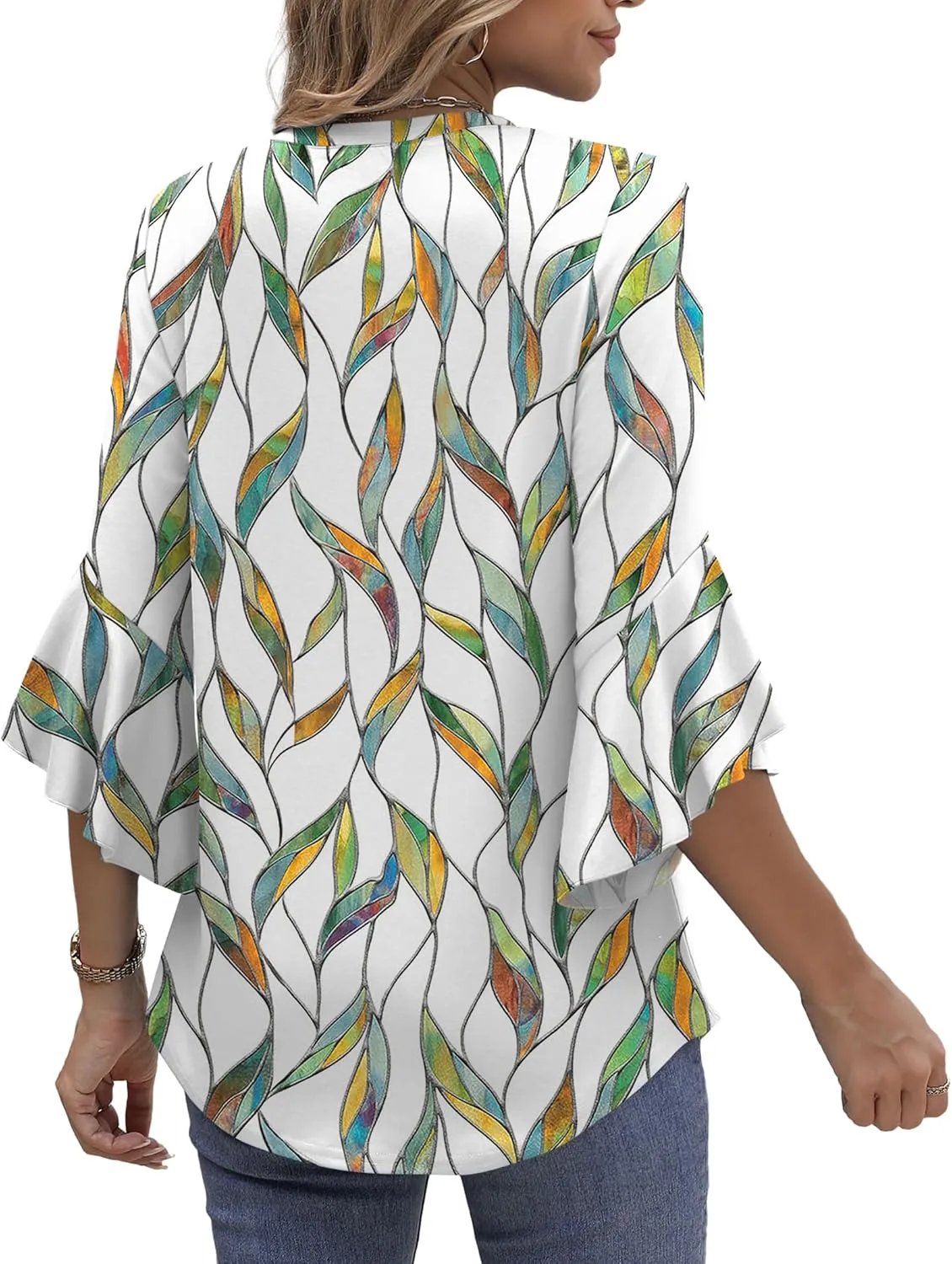 OFEEFAN Blouses for Women Dressy Casual 3/4 Length Sleeve Womens Tops V Neck Tshirts Shirts with Flared Sleeve