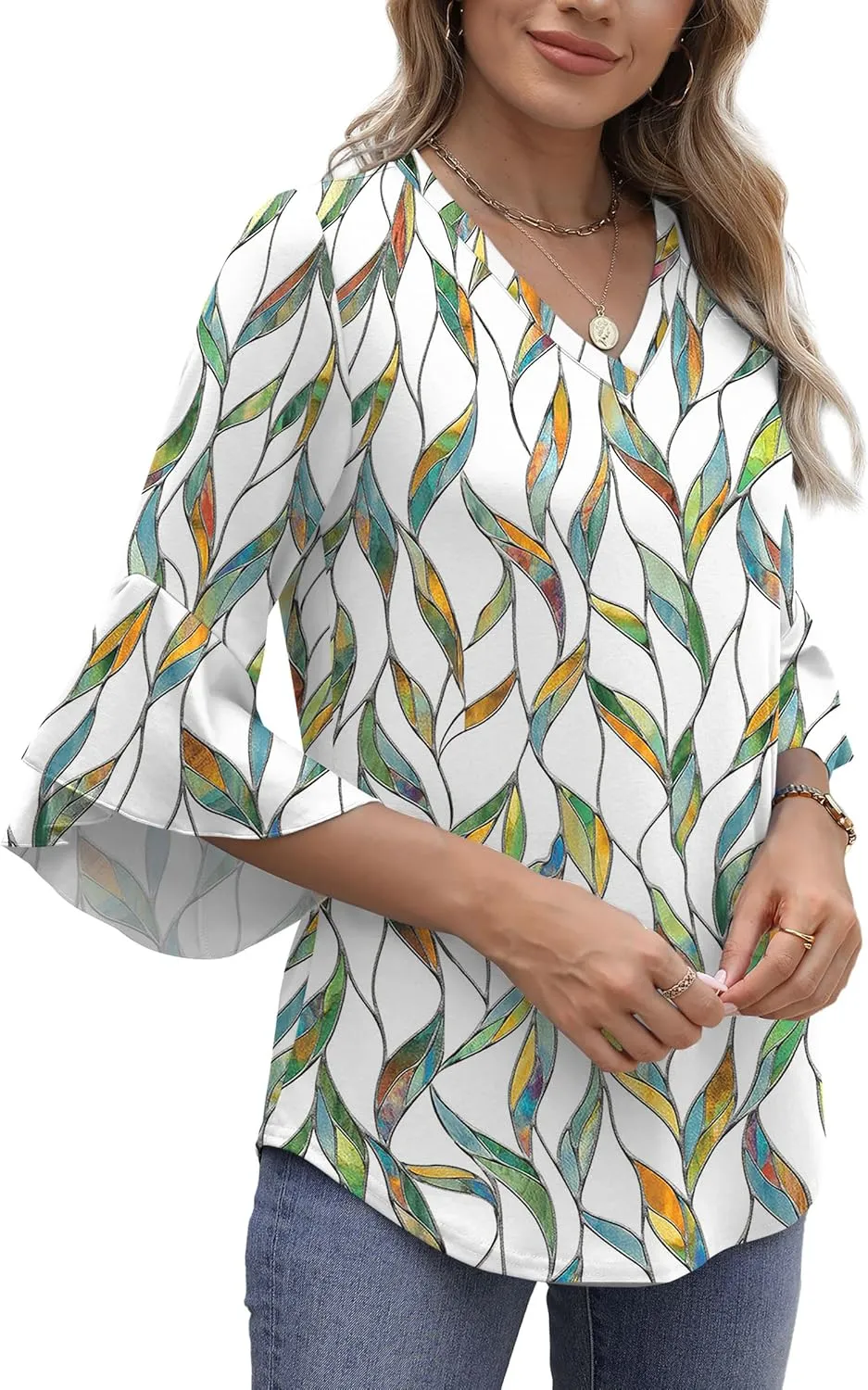 OFEEFAN Blouses for Women Dressy Casual 3/4 Length Sleeve Womens Tops V Neck Tshirts Shirts with Flared Sleeve