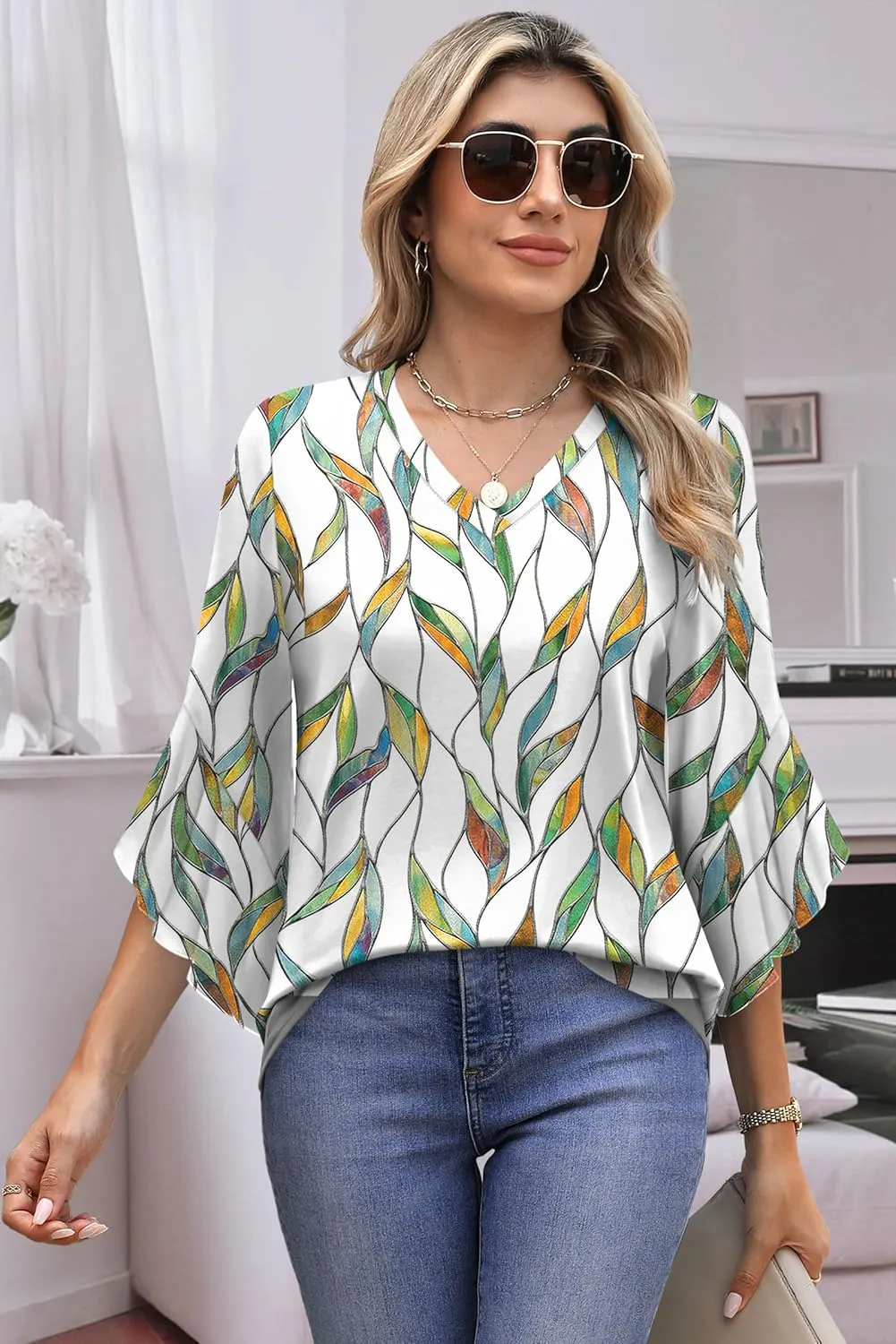 OFEEFAN Blouses for Women Dressy Casual 3/4 Length Sleeve Womens Tops V Neck Tshirts Shirts with Flared Sleeve