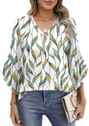 OFEEFAN Blouses for Women Dressy Casual 3/4 Length Sleeve Womens Tops V Neck Tshirts Shirts with Flared Sleeve