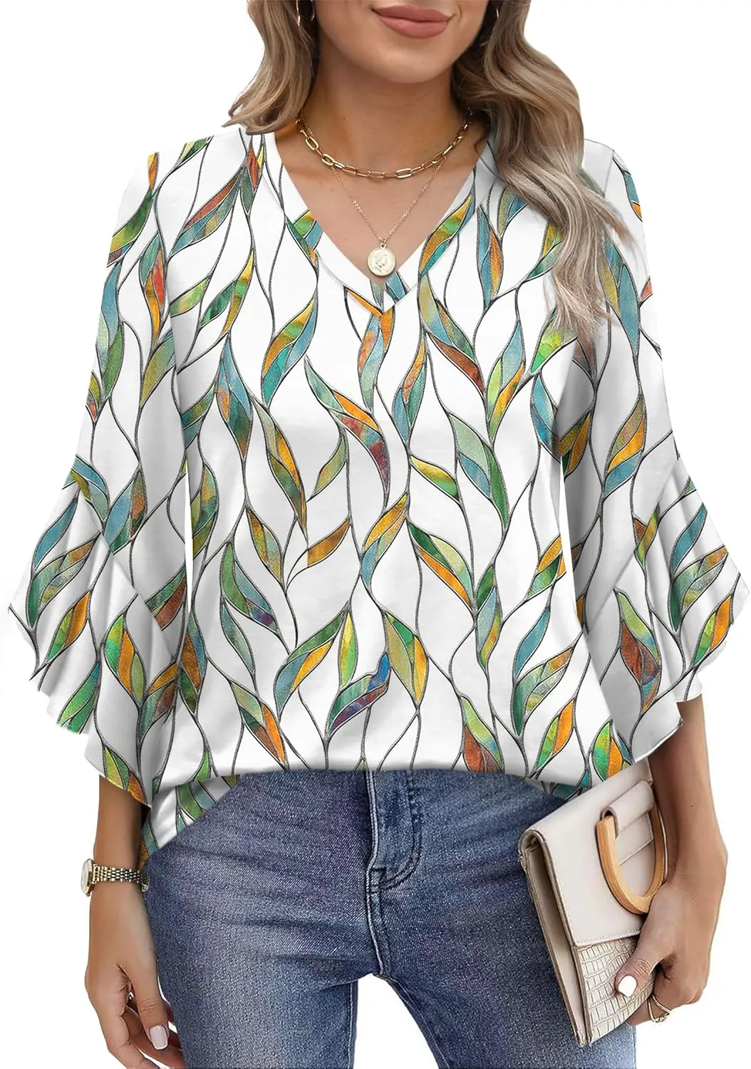 OFEEFAN Blouses for Women Dressy Casual 3/4 Length Sleeve Womens Tops V Neck Tshirts Shirts with Flared Sleeve