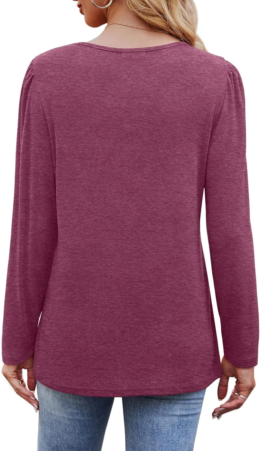 OFEEFAN Long Sleeve Shirts for Women Fall Fashion 2025 Dressy Casual Blouses Trendy Pleated Tunic Tops for Leggings