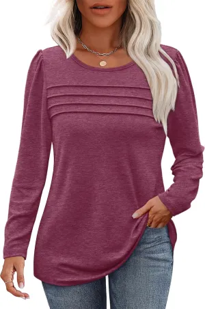 OFEEFAN Long Sleeve Shirts for Women Fall Fashion 2025 Dressy Casual Blouses Trendy Pleated Tunic Tops for Leggings