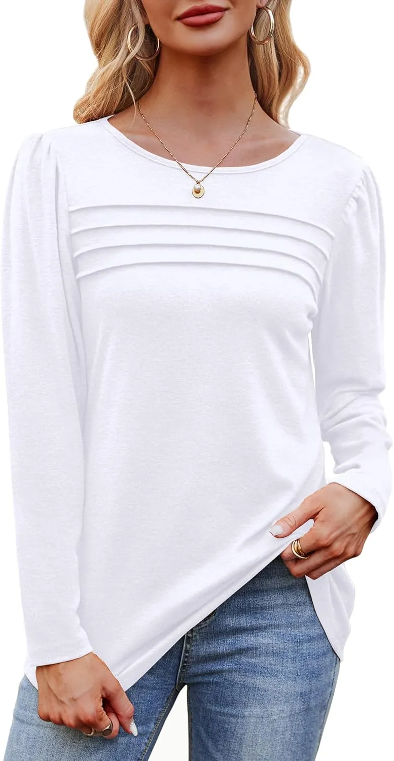 OFEEFAN Long Sleeve Shirts for Women Fall Fashion 2025 Dressy Casual Blouses Trendy Pleated Tunic Tops for Leggings