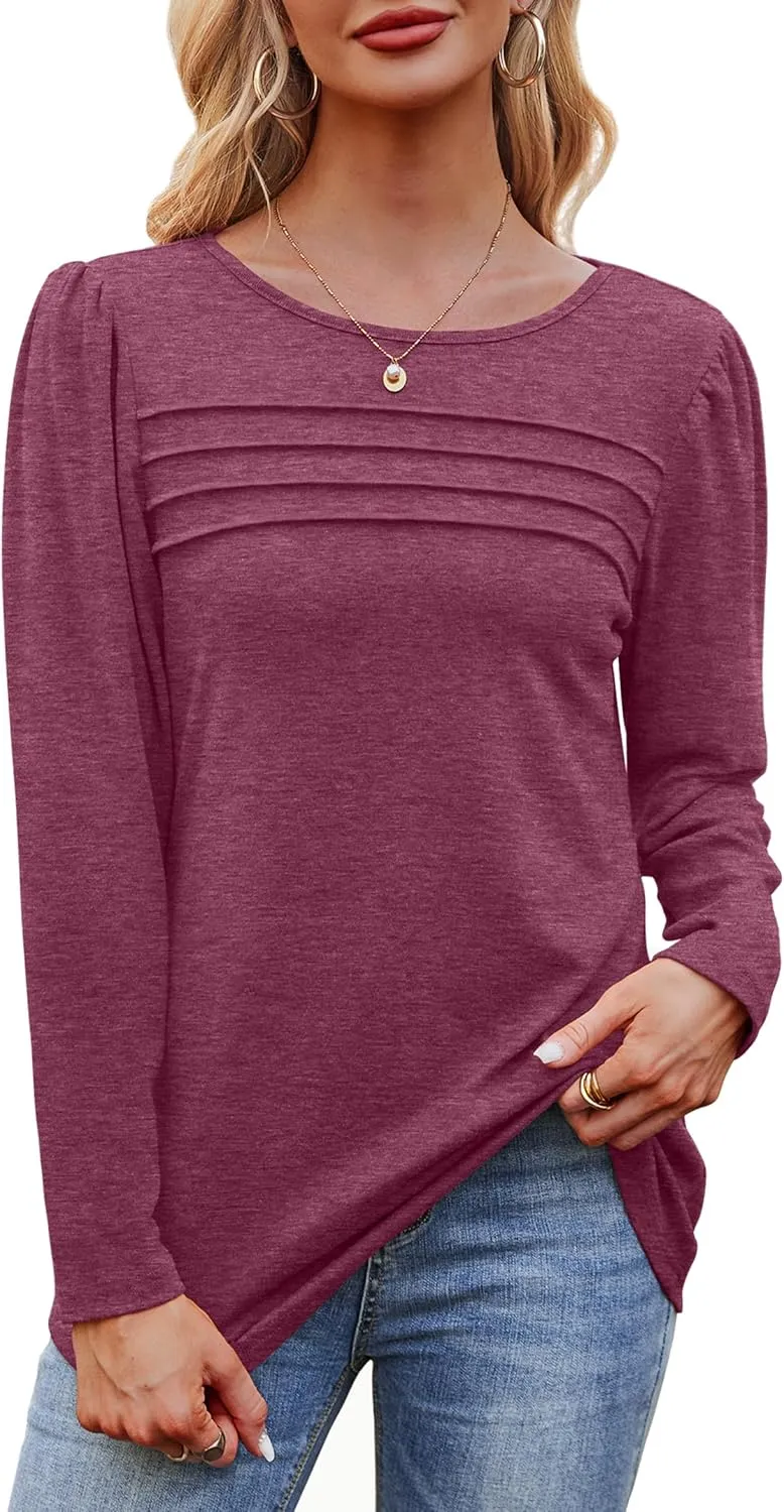 OFEEFAN Long Sleeve Shirts for Women Fall Fashion 2025 Dressy Casual Blouses Trendy Pleated Tunic Tops for Leggings
