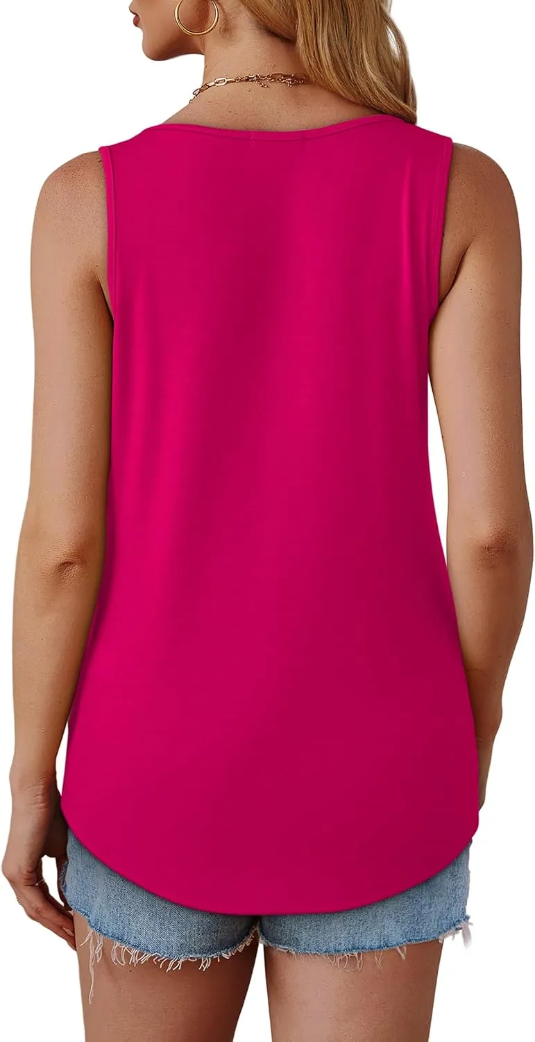 OFEEFAN Tank Top for Women Summer Outfits Sleeveless Blouses Dressy Casual Loose Fit Shirts Scooped Neck Pleated Front