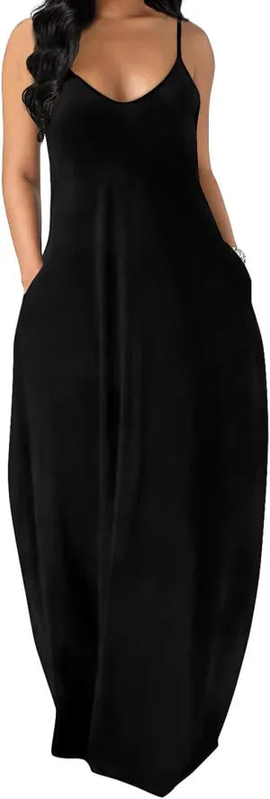 OFEEFAN Women's Maxi Dresses Summer Spaghetti Strap Dress with Pockets