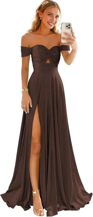 Off Shoulder Satin Bridesmaid Dresses for Women Slit 2025 Sweetheart Pleated Long Formal Prom Dress with Pockets