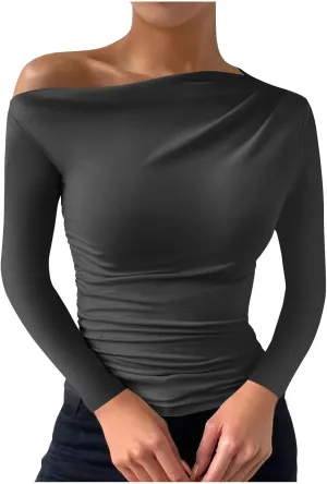 One Shoulder for Womens Sexy Long Sleeve Solid Color Shirt Cute Lightweight Daily Clothes Fashion Dressy Casual Top