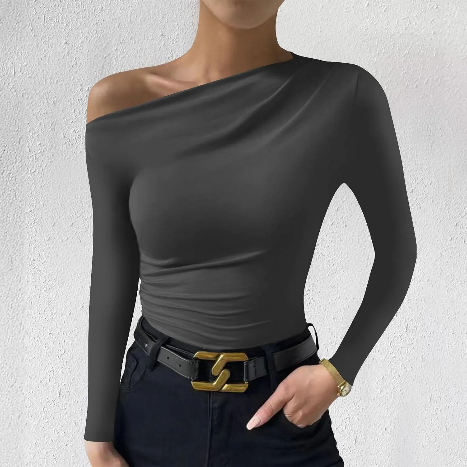One Shoulder for Womens Sexy Long Sleeve Solid Color Shirt Cute Lightweight Daily Clothes Fashion Dressy Casual Top