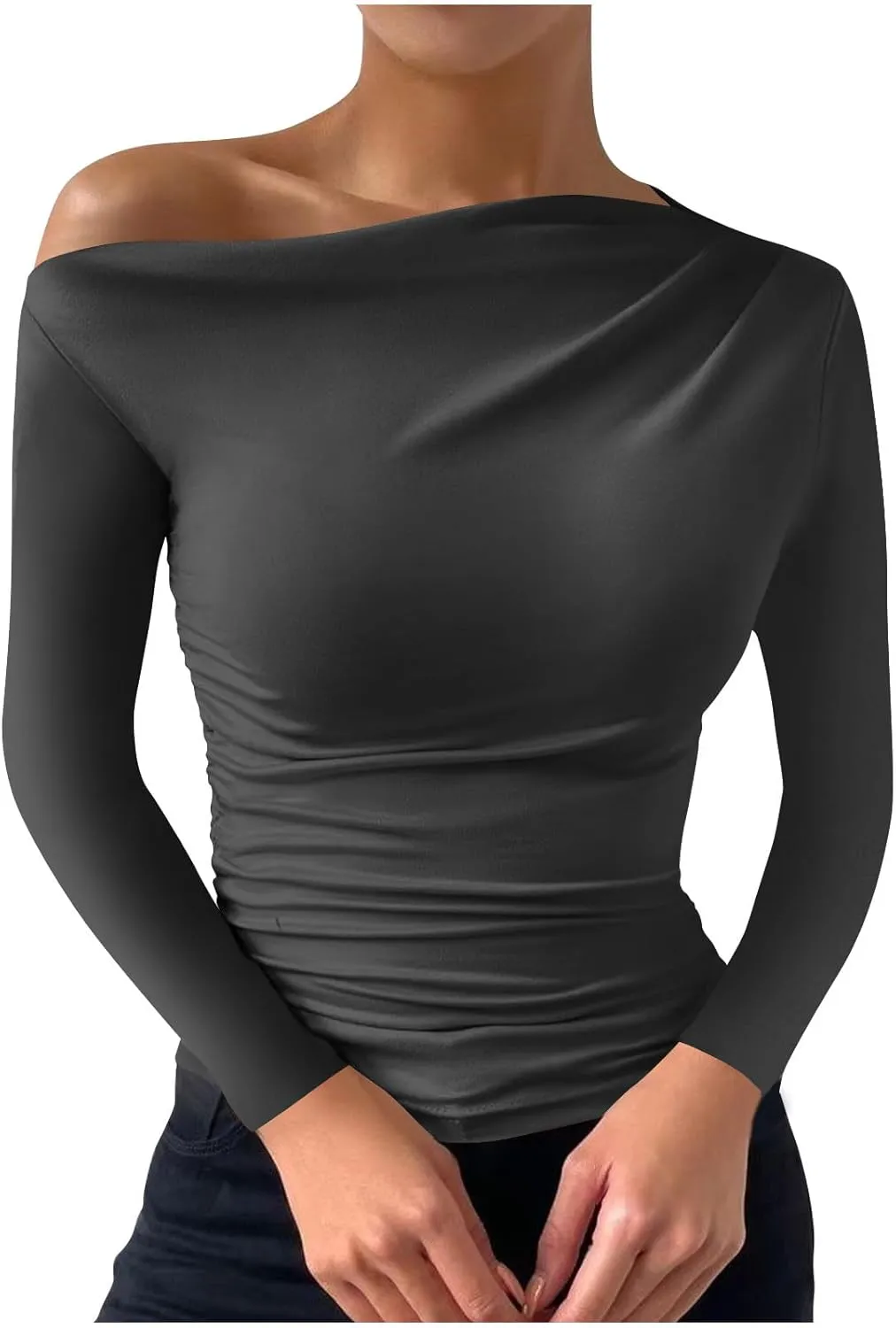 One Shoulder for Womens Sexy Long Sleeve Solid Color Shirt Cute Lightweight Daily Clothes Fashion Dressy Casual Top
