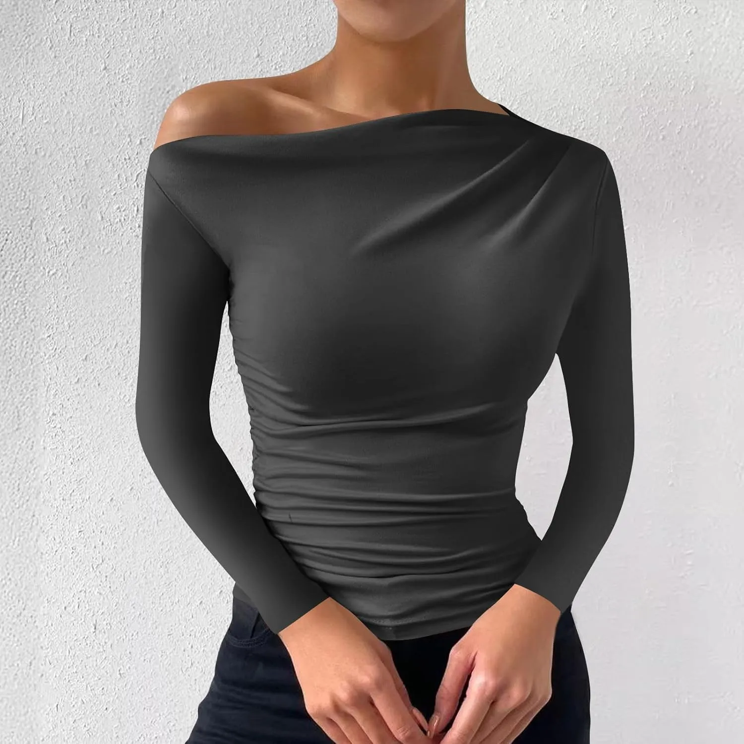 One Shoulder for Womens Sexy Long Sleeve Solid Color Shirt Cute Lightweight Daily Clothes Fashion Dressy Casual Top