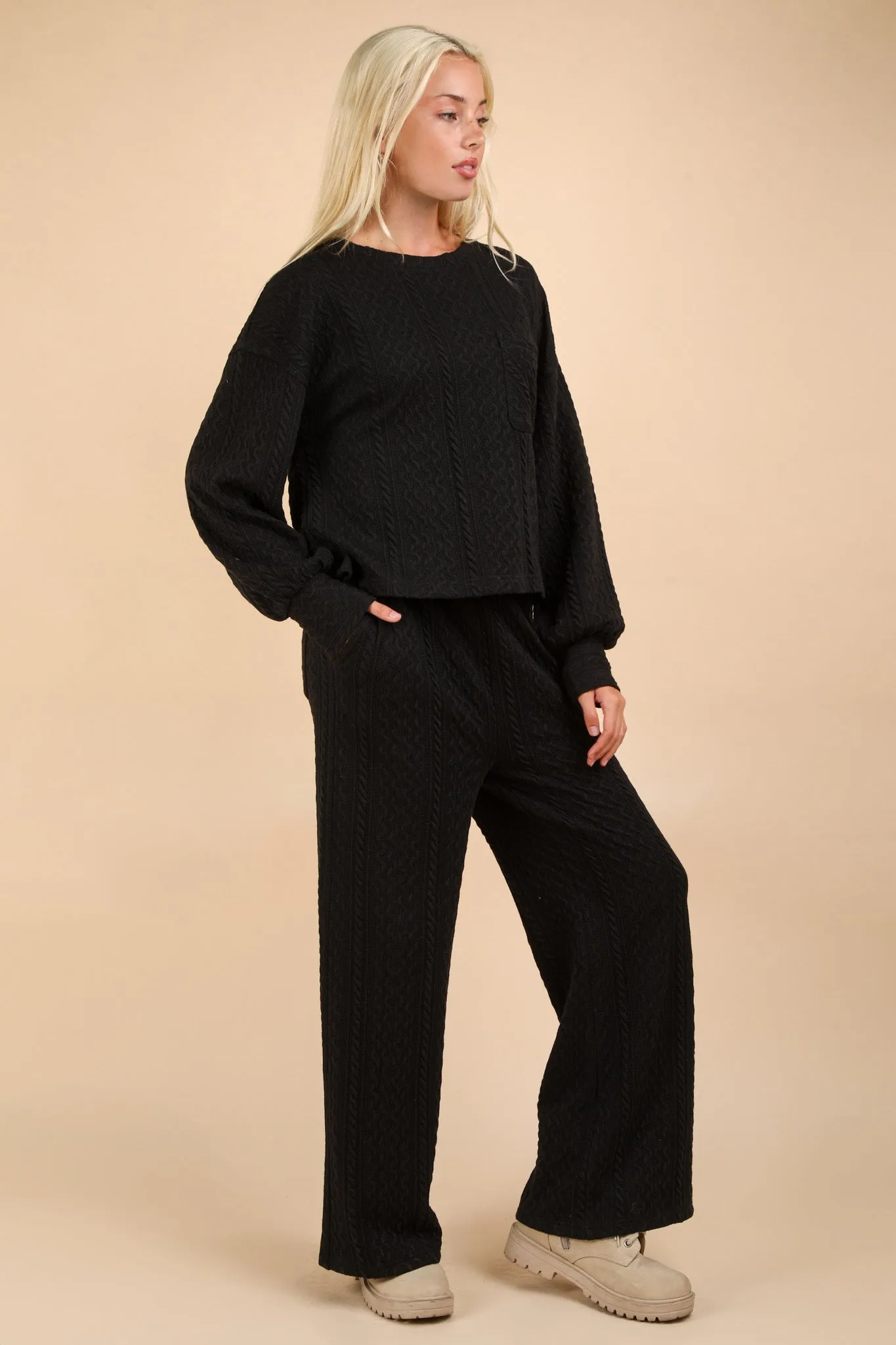 Oversized Black Cable Knit Pant Set