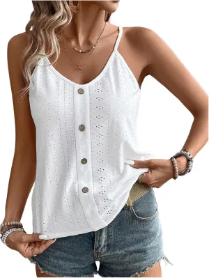 OYOANGLE Women's Eyelet Embroidery Cami Tank Tops Spaghetti Strap V Neck Casual Vacation Button Decor Camisoles