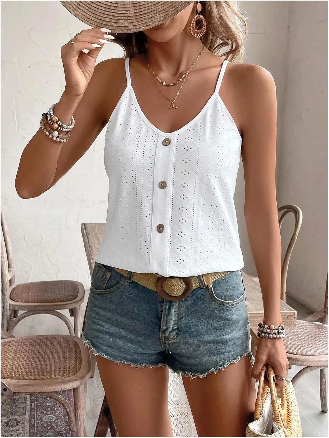 OYOANGLE Women's Eyelet Embroidery Cami Tank Tops Spaghetti Strap V Neck Casual Vacation Button Decor Camisoles