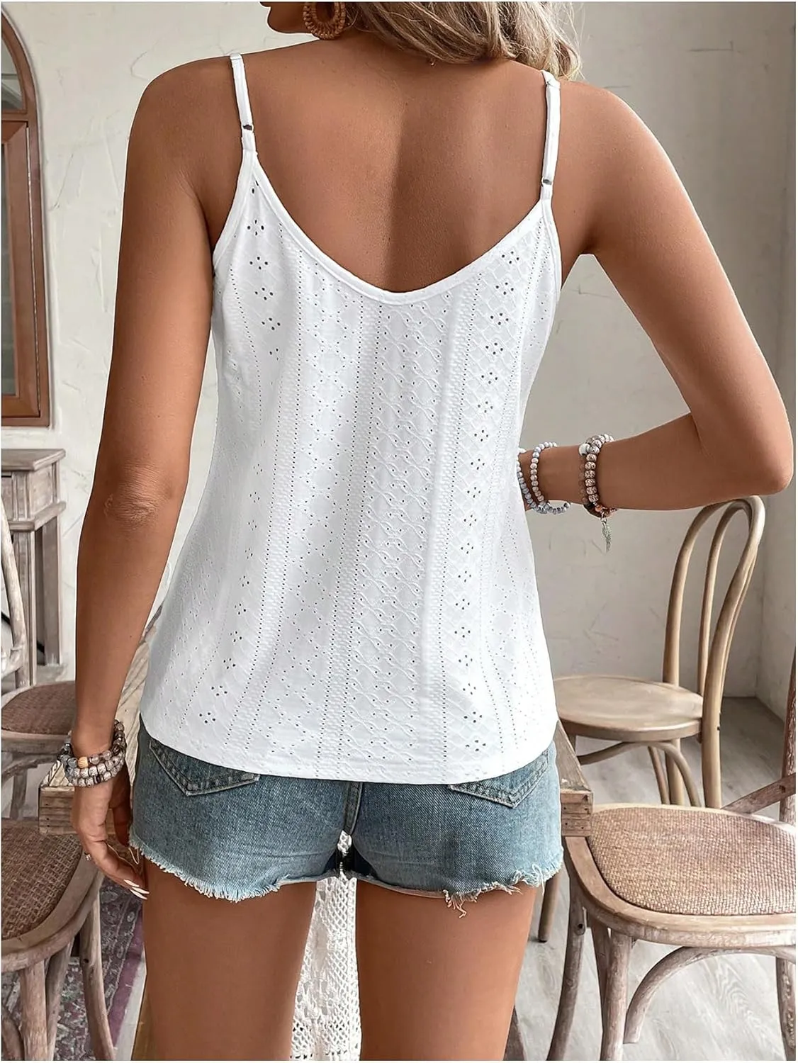 OYOANGLE Women's Eyelet Embroidery Cami Tank Tops Spaghetti Strap V Neck Casual Vacation Button Decor Camisoles