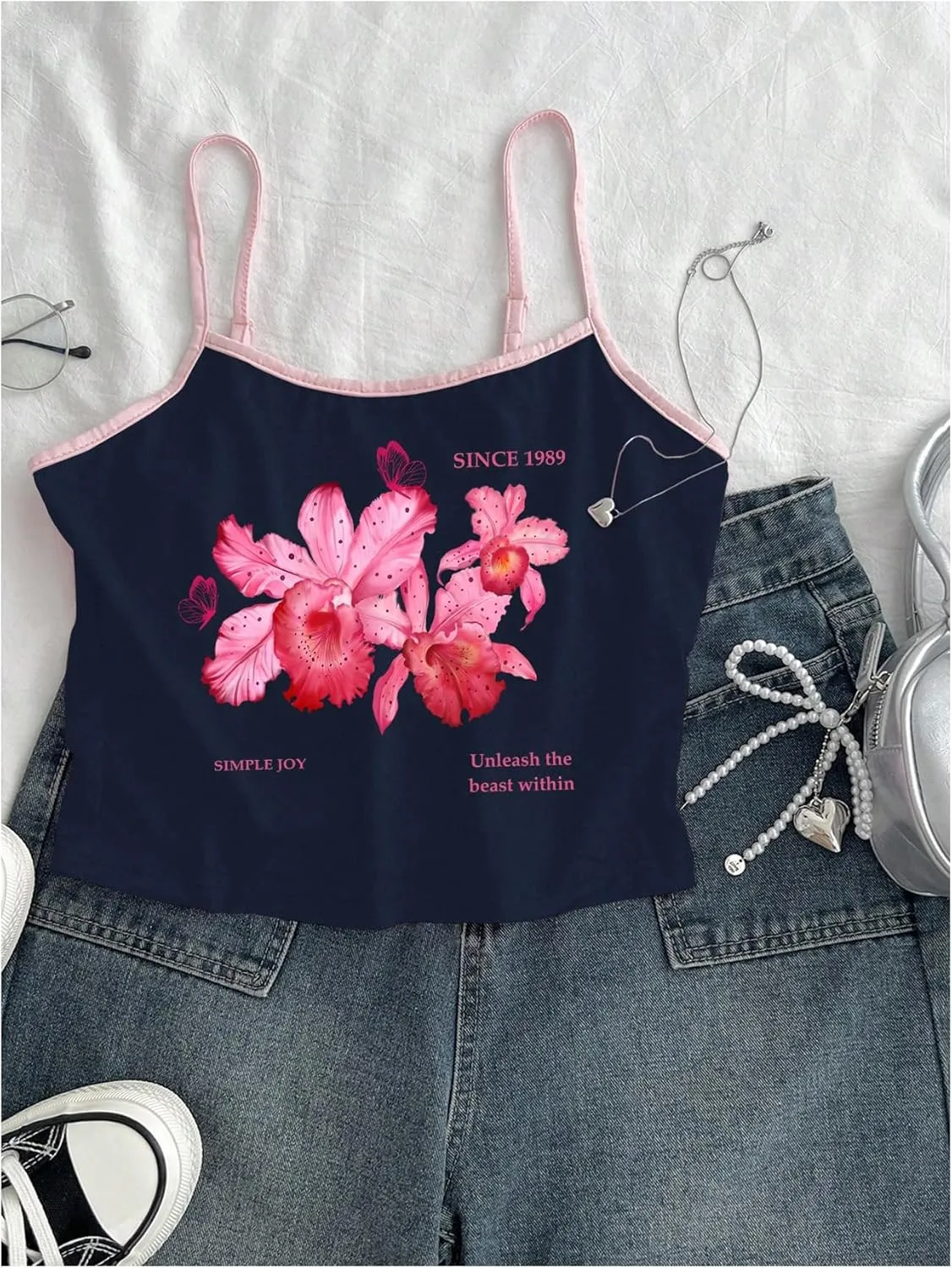 OYOANGLE Women's Floral Print Y2K Camisoles Spaghetti Strap Slim Fit Crop Tank Tops