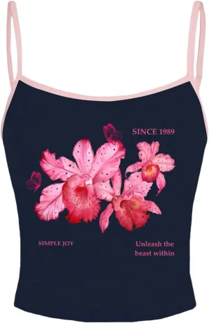 OYOANGLE Women's Floral Print Y2K Camisoles Spaghetti Strap Slim Fit Crop Tank Tops