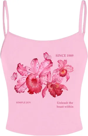 OYOANGLE Women's Floral Print Y2K Camisoles Spaghetti Strap Slim Fit Crop Tank Tops