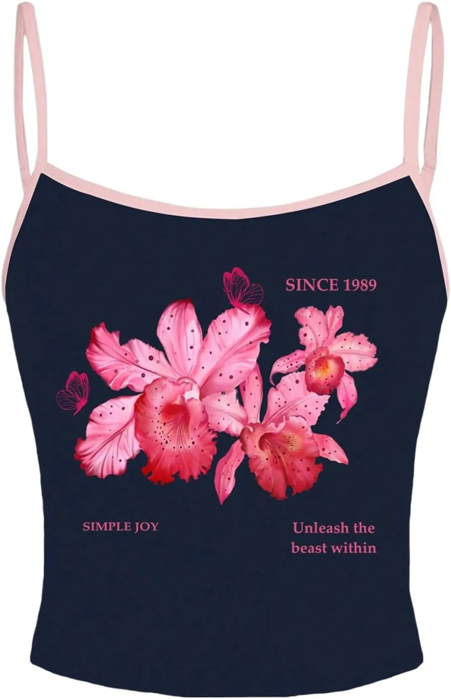 OYOANGLE Women's Floral Print Y2K Camisoles Spaghetti Strap Slim Fit Crop Tank Tops