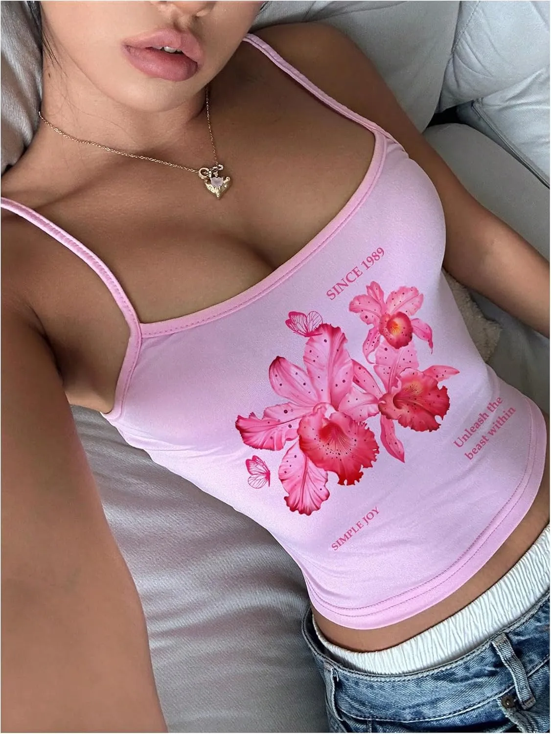 OYOANGLE Women's Floral Print Y2K Camisoles Spaghetti Strap Slim Fit Crop Tank Tops