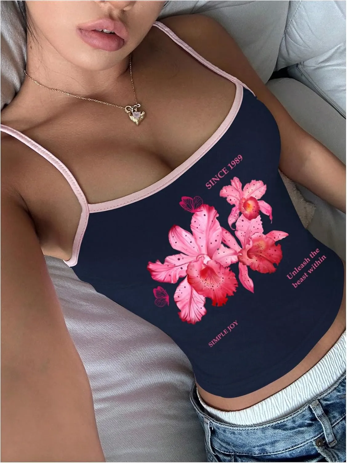 OYOANGLE Women's Floral Print Y2K Camisoles Spaghetti Strap Slim Fit Crop Tank Tops