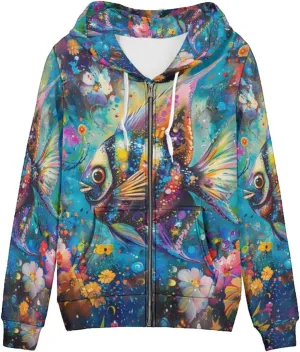 PinUp Angel Full Zip Up Hoodie Women Goth Sweatshirt Long Sleeve Art Animal Oil Painting Graphic Jacket Streetwear